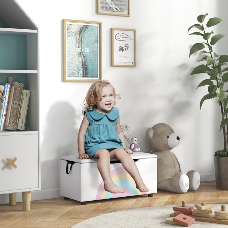 Toy Storage Bench: Scandi matte white with pastel rainbow graphic front.
