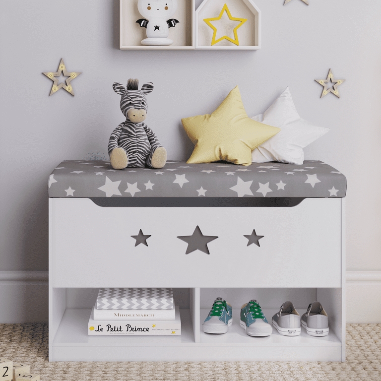 Toy Storage Bench: Scandi style with star cutouts and padded seat.