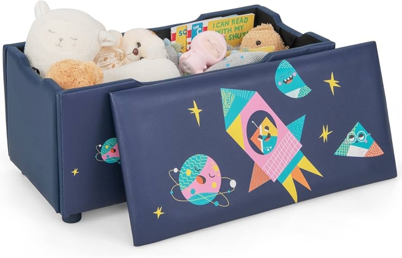 Toy Storage Bench: Whimsical navy blue with space graphics and padded lid.