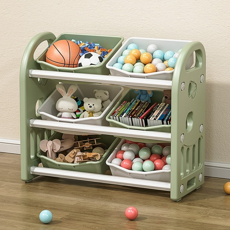 Toy Storage Rack: Modern sage green frame, three tiers, removable bins.