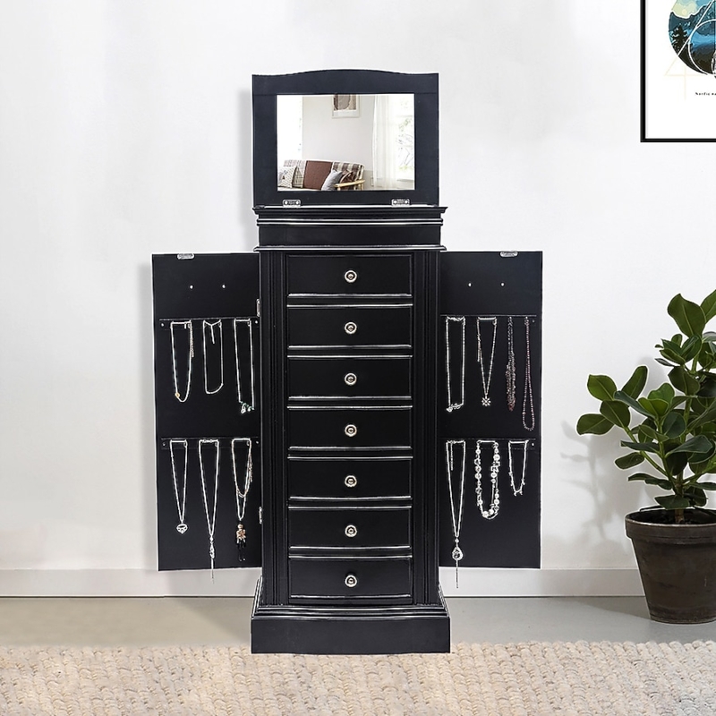 Traditional Black Freestanding Jewelry Armoire with Fluted Pilasters
