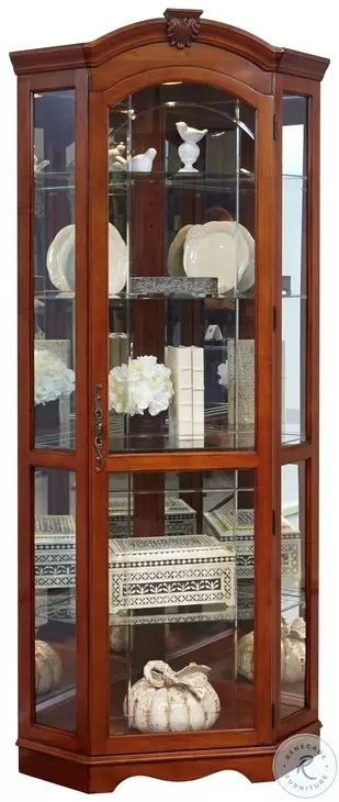 Traditional Corner Curio Cabinet with Arched Crown and Beveled Glass