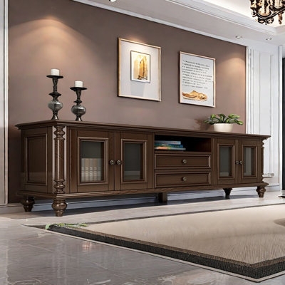 Traditional Country Credenza: Fluted Pilasters, Turned Bun Feet.