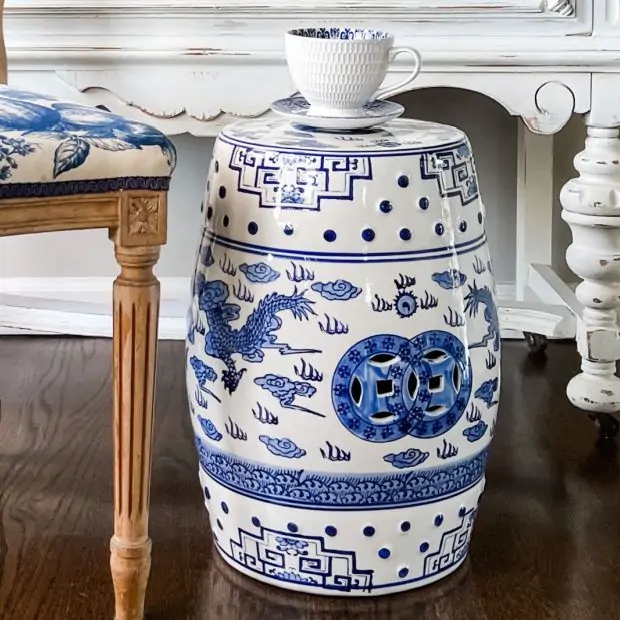 Traditional Dragon Ceramic Stool with Greek Key Border