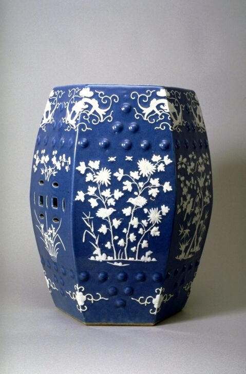 Traditional Hexagonal Stool with White Botanical Relief