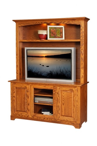 Traditional Honey Oak Entertainment Center Arched Header Integrated Lighting