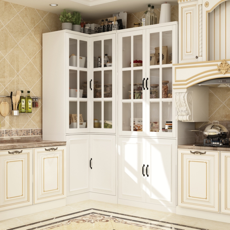 Traditional L-Shaped Corner Pantry with Mullion Glass Doors