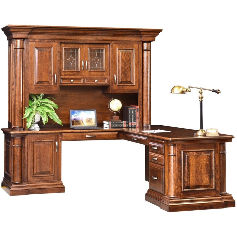 Traditional L-Shaped Desk with Hutch and Leaded Glass Cabinet Doors