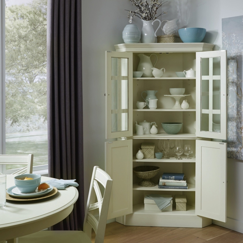 Traditional Off-White Corner Cabinet with Muntin Detail Glass Doors