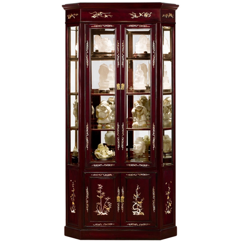 Traditional Oriental Corner Cabinet Dark Cherry Mother of Pearl Inlay
