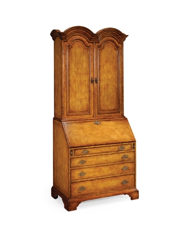 Traditional Secretary Desk with Double Hood Pediment and Burled Wood
