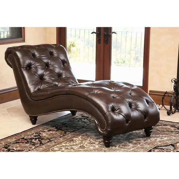 Traditional Top Grain Leather Chaise Lounge with Diamond Tufting