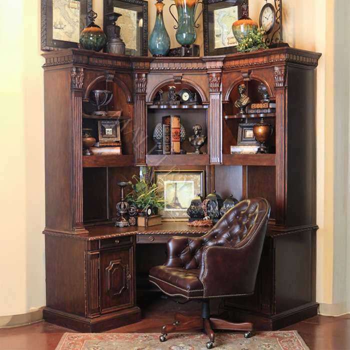 Traditional Walnut Corner Computer Desk with Arched Hutch Niches