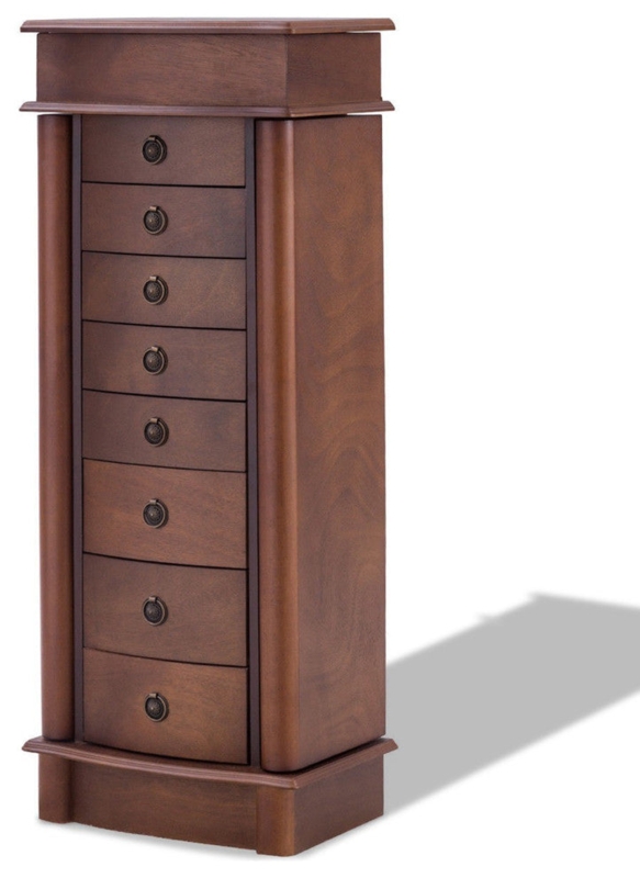 Traditional Walnut Jewelry Armoire with Curved Sides and Eight Drawers