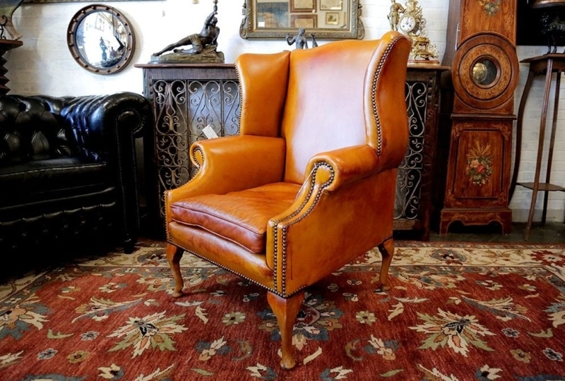 Traditional Wingback Armchair in Cognac Leather with Nailhead Trim