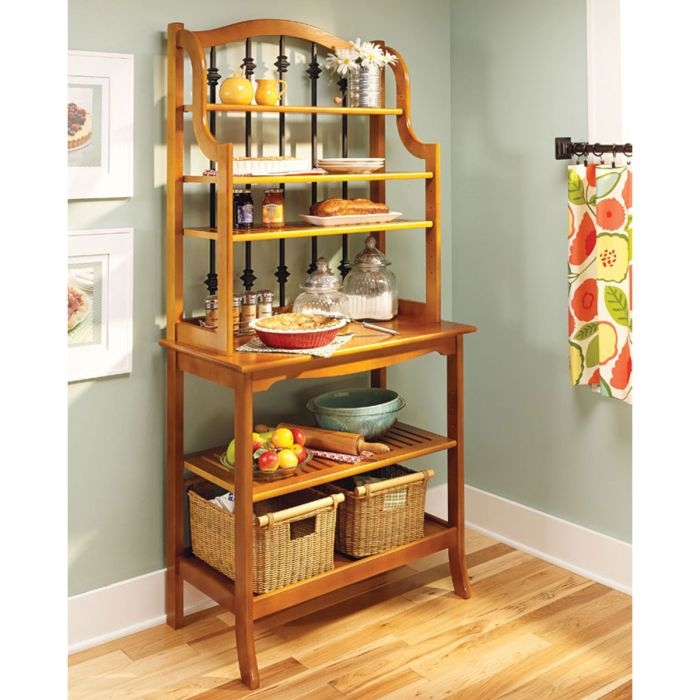 Traditional Wood Bakers Rack with Spindle Back and Woven Baskets
