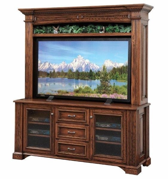Traditional Wood Entertainment Center Fluted Pilasters Glass Doors