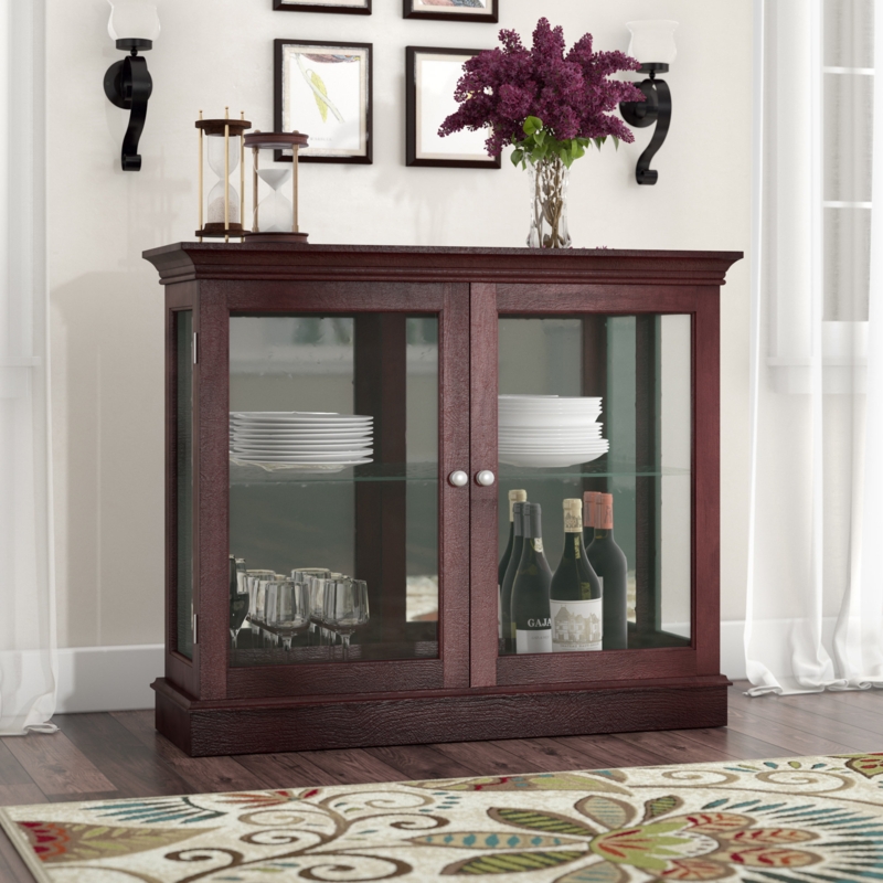 Traditional Wood Glass Cabinet with Crown Molding and Silver Knobs