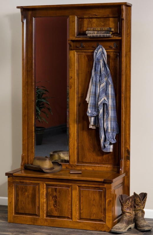 Traditional Wood Hall Tree in Honey Brown with Integrated Mirror