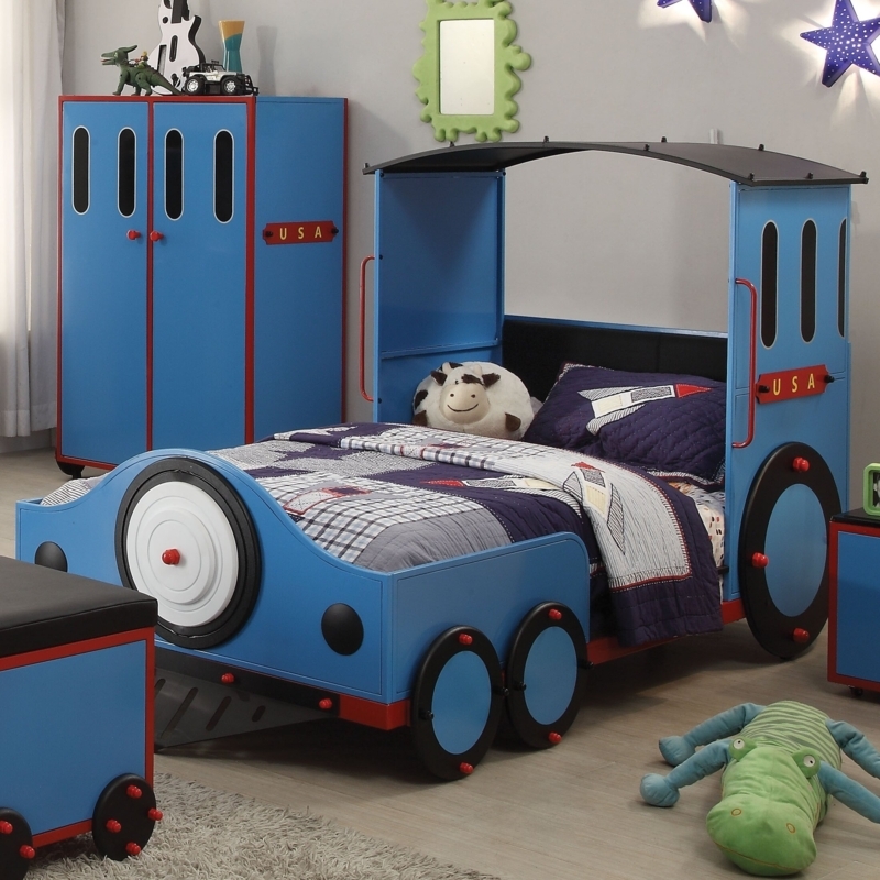 Train Shaped Bed Transportation Theme Blue Locomotive Canopy Top Details