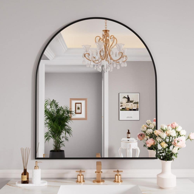 Transitional Arched Wall Mirror over Bathroom Sink with Thin Profile
