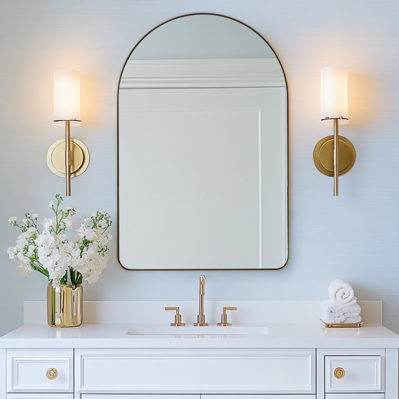 Transitional Arched Wall Mirror with Brushed Gold Frame and Rounded Corners