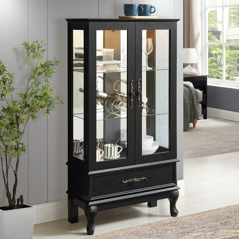 Transitional Black Curio Cabinet Wood Grain Finish Mirrored Back