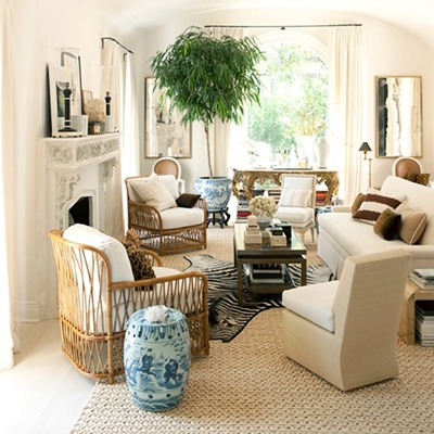 Transitional Blue and White Garden Stool with Hand Painted Pattern