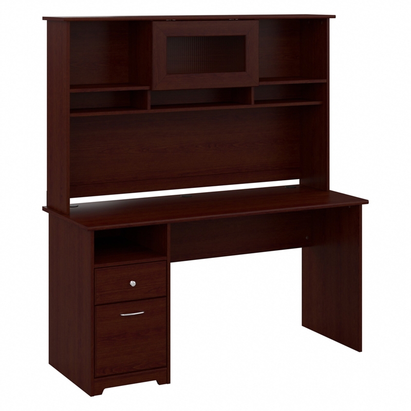 Transitional Computer Desk with Hutch and Fluted Glass Door