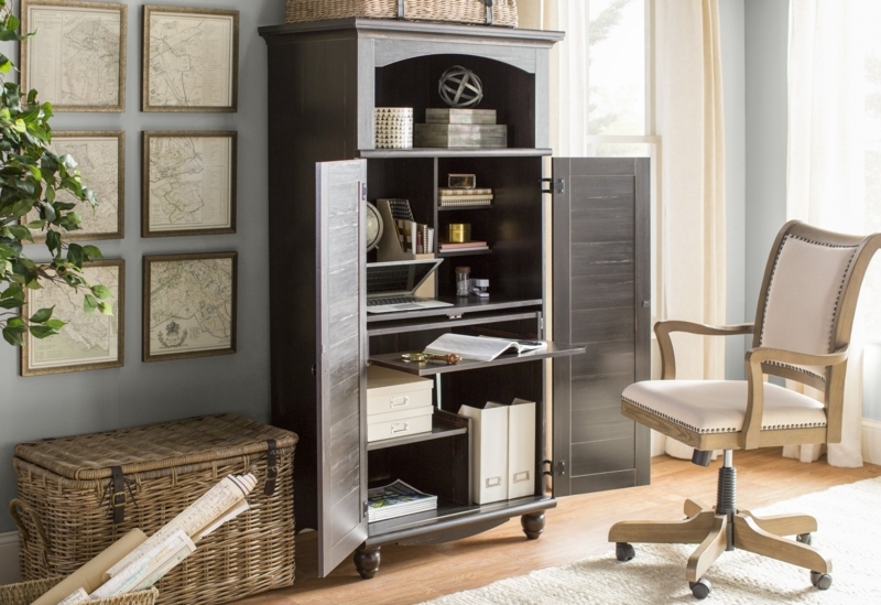 Transitional Desk Armoire with Louvered Doors in Charcoal Grey Finish
