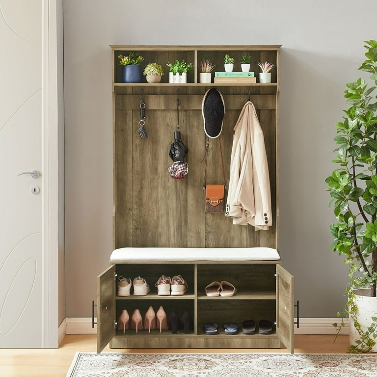 Transitional Hall Tree: Double Door Shoe Cabinet and Upholstered Seat