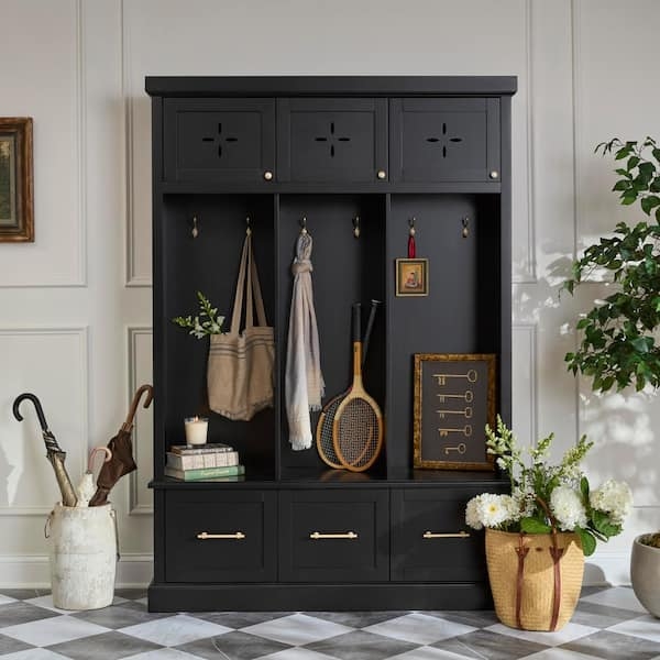 Transitional Hall Tree with Unique Clover Cutouts and Brass Hardware