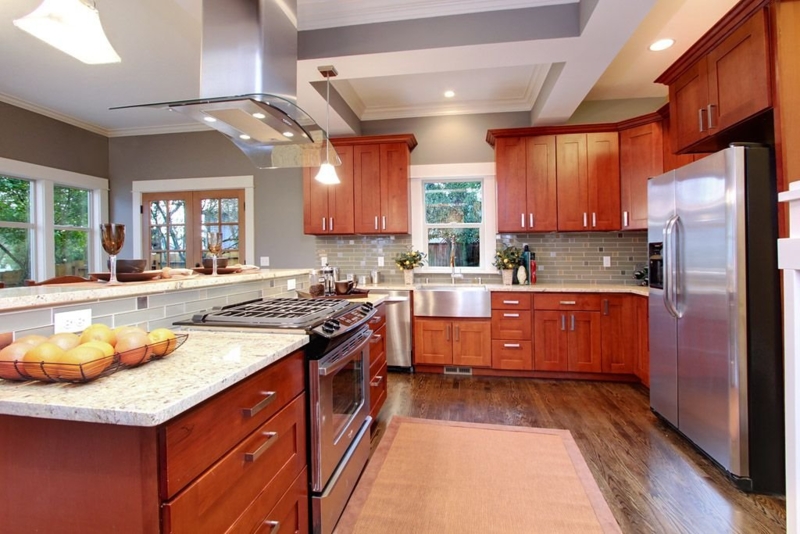 Transitional Kitchen Cabinets with Stainless Steel Farmhouse Sink