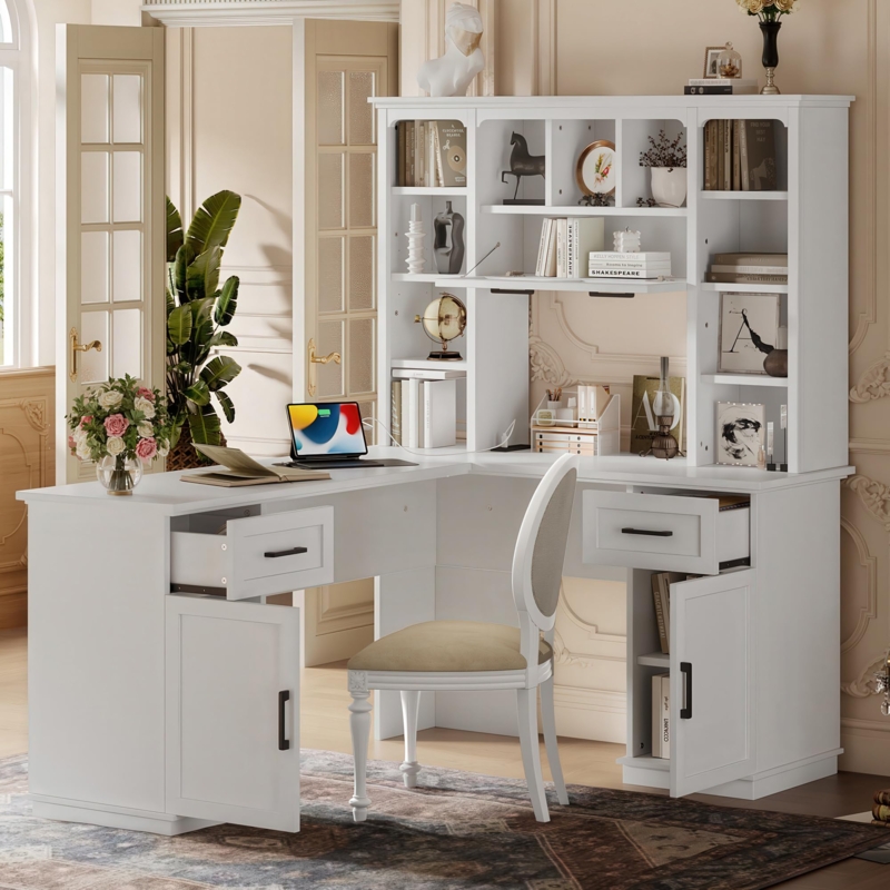Transitional L-Shaped Desk with Hutch and Neoclassical Details