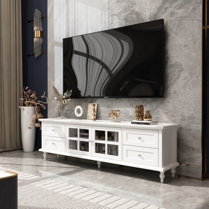 Transitional TV Stand: Glass Mullion Doors, Paneled Drawers, Bun Feet.