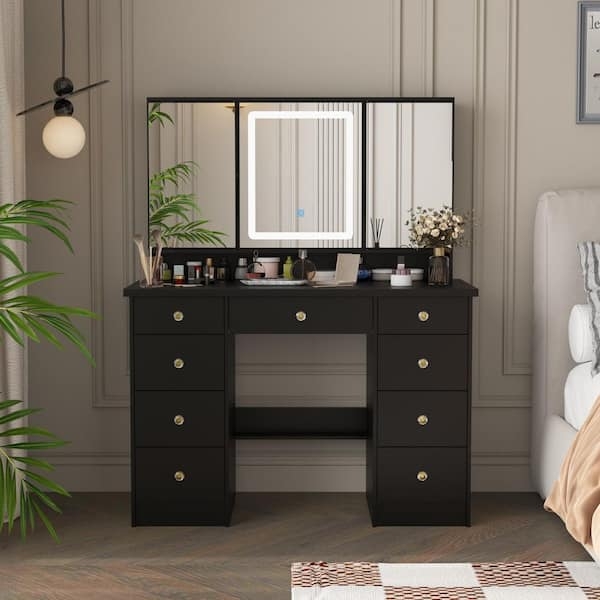 Transitional Vanity, LED Ring, Tri-Fold Mirror & 9 Drawers