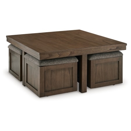 Transitional Walnut Coffee Table Set with Heather Grey Nesting Stools