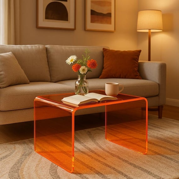 Translucent Orange Acrylic Coffee Table Waterfall Edge Seamless Bend