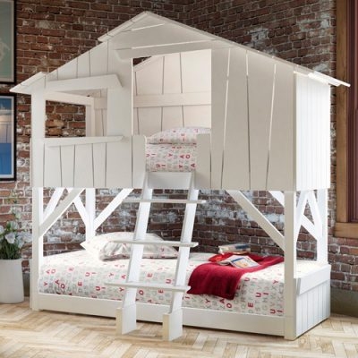 Treehouse Bunk Bed White Cabin Enclosure with Pitched Roof