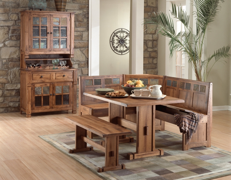 Trestle Table Bench Set Slate Tile Accents Breadboard Ends