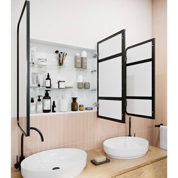 Tri-Fold Medicine Cabinet Recessed Mount Industrial Style
