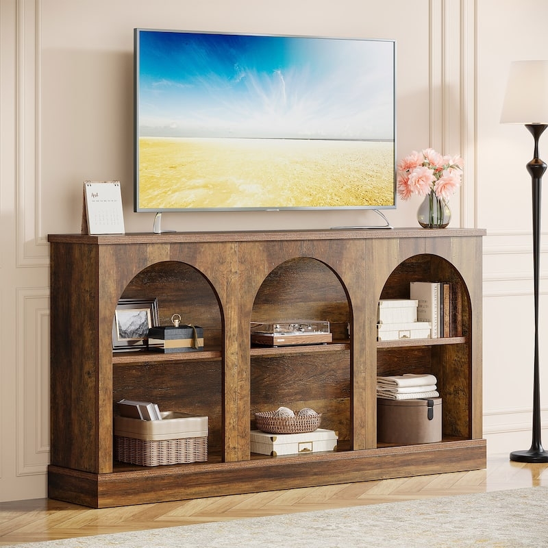 Triple Arched TV Stand: Farmhouse Country Style, Walnut Brown Finish.
