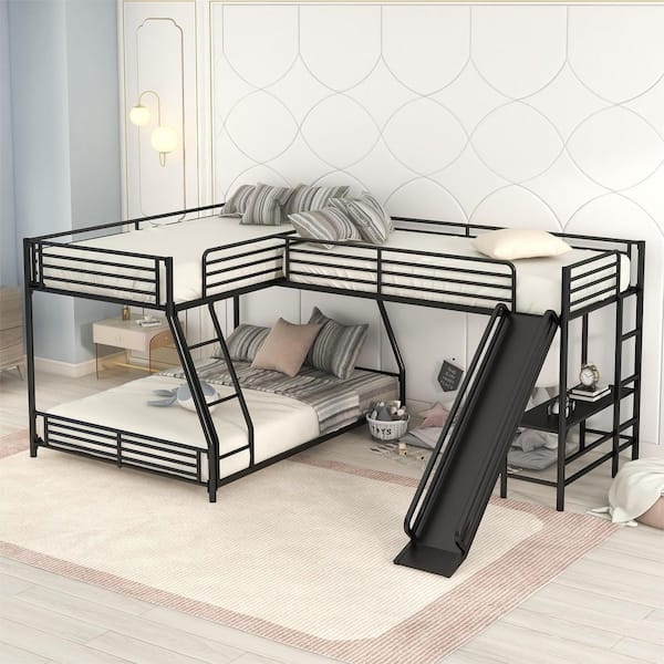 Triple Bunk Bed Matte Black Integrated Slide L-Shaped Design