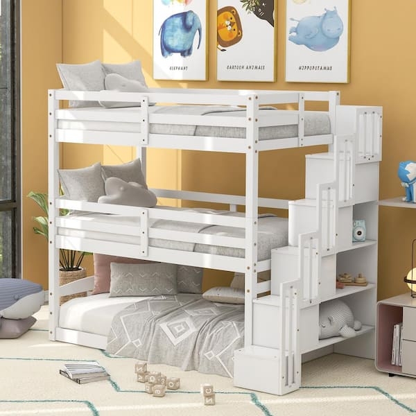 Triple Bunk Bed Matte White Staircase Storage Floor