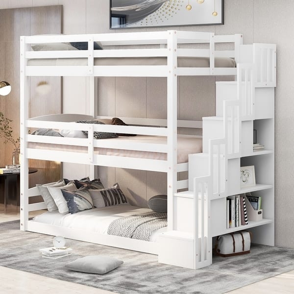 Triple Bunk Bed Solid Wood White Staircase Storage