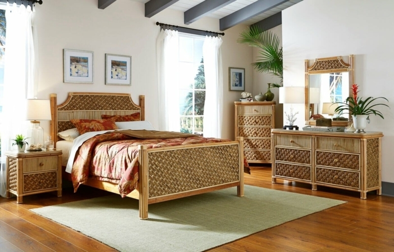 Tropical Bedroom Set with Woven Diamond Texture and Bamboo Framing