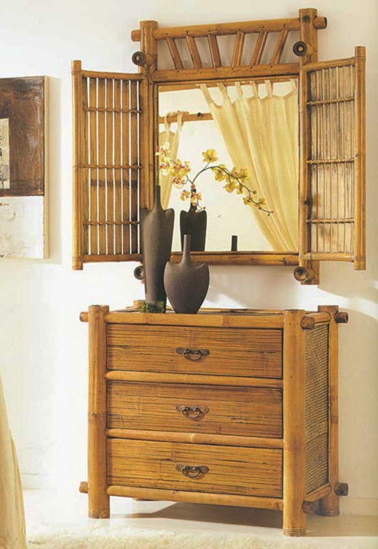 Tropical Dresser with Shuttered Bamboo Mirror and Woven Textures