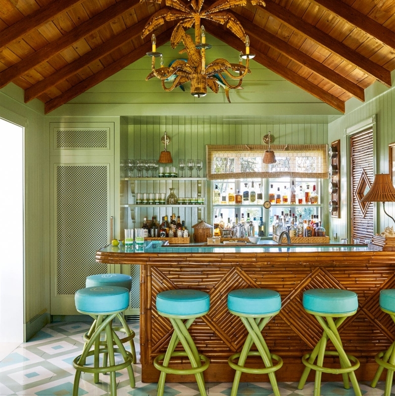Tropical Home Bar Bamboo Rattan with Palm Tree Chandelier
