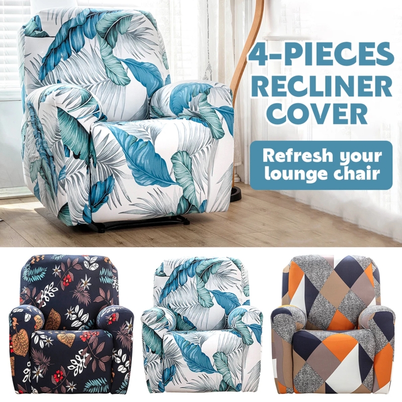 Tropical Leaf Print Recliner Slipcover 4-Piece Elastic Set