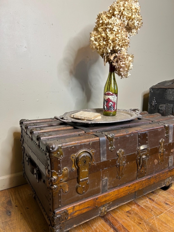 Trunk Coffee Table Antique Steamer Studded Banding Distressed Wood